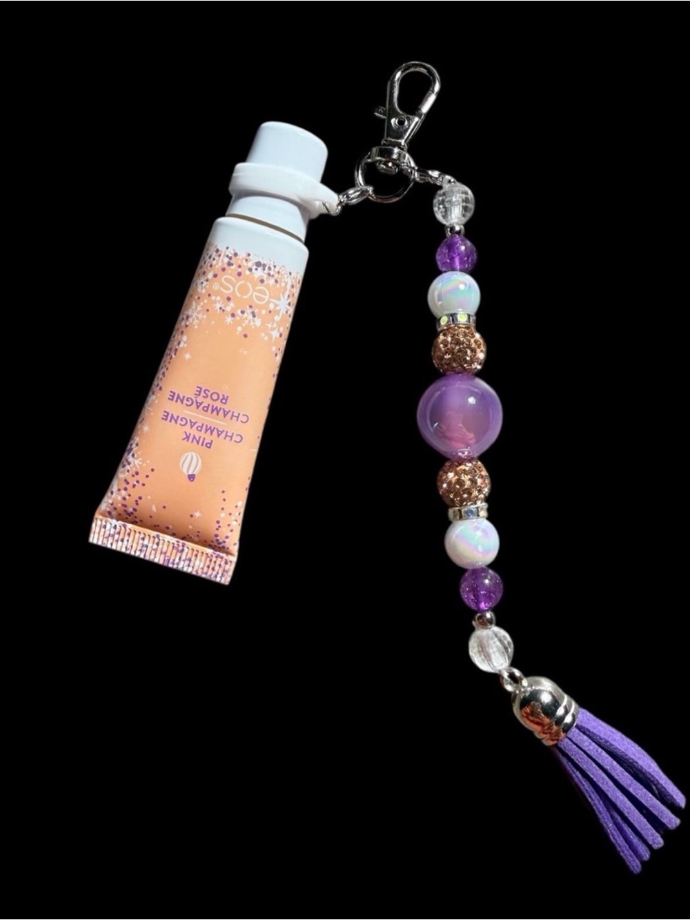 eos Pink Champagne Rose Lip Balm with Purple Beaded Tassel Charm
